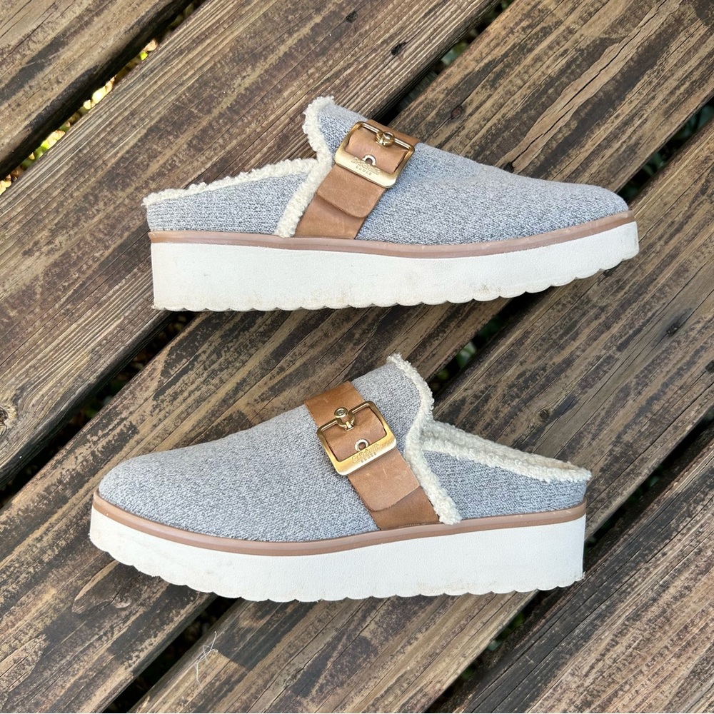 Dr. Sholl’s Lexi Slide | Light Grey, Tan Fleece Mule | size 10